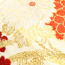 Load image into Gallery viewer, 丸帯 アンティーク帯 昔丸帯 絹 ベージュ金×多色 鼓 御所車 鶴 花々文様 全通柄 昔帯 レトロモダン 明治・大正ロマン 長さ397cm