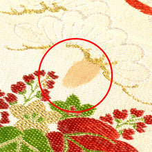 Load image into Gallery viewer, 丸帯 アンティーク帯 昔丸帯 絹 ベージュ金×多色 鼓 御所車 鶴 花々文様 全通柄 昔帯 レトロモダン 明治・大正ロマン 長さ397cm