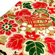 画像をギャラリービューアに読み込む, 丸帯 アンティーク帯 昔丸帯 絹 薄ベージュ×多色 鼓 鶴 花文様 全通柄 昔帯 レトロモダン 明治・大正ロマン 長さ413.5cm