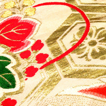 画像をギャラリービューアに読み込む, 丸帯 アンティーク帯 昔丸帯 絹 薄ベージュ×多色 鼓 鶴 花文様 全通柄 昔帯 レトロモダン 明治・大正ロマン 長さ413.5cm