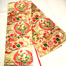 画像をギャラリービューアに読み込む, 丸帯 アンティーク帯 昔丸帯 絹 薄ベージュ×多色 鼓 鶴 花文様 全通柄 昔帯 レトロモダン 明治・大正ロマン 長さ413.5cm