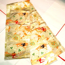 画像をギャラリービューアに読み込む, 丸帯 アンティーク帯 昔丸帯 絹 金銀×多色 扇 花々文様 全通柄 昔帯 レトロモダン 明治・大正ロマン 長さ394cm