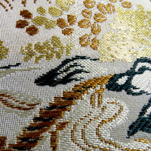 Load image into Gallery viewer, 半幅帯 アンティーク 絹 ベージュ×多色 風景 家屋 御所車柄 半巾帯 レトロ 昔帯 カジュアル 和洋ミックス 長さ308cm