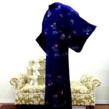 画像をギャラリービューアに読み込む, ウール着物 単衣 紺×多色 花蝶柄 バチ衿 カジュアルきもの 普段着物 ウールきもの 仕立て上がり 和洋ミックス 身丈155cm