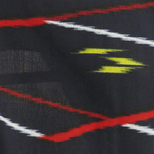 画像をギャラリービューアに読み込む, ウール着物 単衣 紺色ｘ赤色ｘ黄色 縦縞に矢羽根模様 バチ衿 カジュアルきもの 普段着物 仕立て上がり 身丈156.5cm