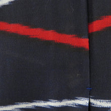 画像をギャラリービューアに読み込む, ウール着物 単衣 紺色ｘ赤色ｘ黄色 縦縞に矢羽根模様 バチ衿 カジュアルきもの 普段着物 仕立て上がり 身丈156.5cm