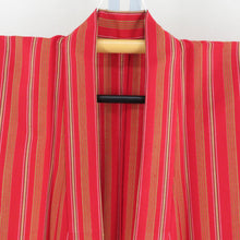 画像をギャラリービューアに読み込む, ウール着物 単衣 赤色x黄色ｘ緑色 縦縞模様 居敷当て付き バチ衿 カジュアルきもの 小さいサイズ 普段着物 仕立て上がり 身丈153cm