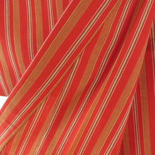 画像をギャラリービューアに読み込む, ウール着物 単衣 赤色x黄色ｘ緑色 縦縞模様 居敷当て付き バチ衿 カジュアルきもの 小さいサイズ 普段着物 仕立て上がり 身丈153cm