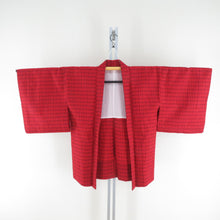 画像をギャラリービューアに読み込む, ウール着物 アンサンブル 着物と羽織2点セット 単衣 赤色x黒色 格子模様 バチ衿 カジュアルきもの 普段着物 仕立て上がり 身丈154cm