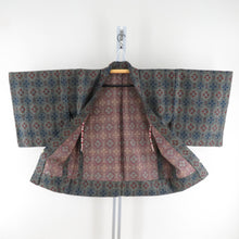 画像をギャラリービューアに読み込む, ウール着物 アンサンブル 着物と羽織2点セット 単衣 黒色ｘ灰色ｘ紺色ｘオレンジ色 幾何学模様 バチ衿 カジュアルきもの 普段着物 仕立て上がり 身丈160cm
