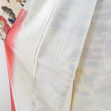 画像をギャラリービューアに読み込む, 小紋 袷 型染め クリーム色ｘエンジ色ｘ多色 エ霞に花々模様 正絹 バチ衿 仕立て上がり着物 身丈150.5cm