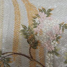Load image into Gallery viewer, 袋帯 正絹 シルバーｘ薄紫ｘ多色 金糸銀糸 和傘に桜と藤紋様 観花の調 六通柄 シルバー系 仕立て上がり フォーマル 着物帯 長さ440cm