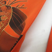 Load image into Gallery viewer, 名古屋帯 正絹 塩瀬 オレンジ色ｘ黒色 金糸 刺繍入り 金コマ入り 竹梅紋様 お太鼓柄 お太鼓柄 カジュアル 仕立て上がり 着物帯 長さ354cm