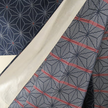 画像をギャラリービューアに読み込む, ウール着物 アンサンブル 着物と羽織2点セット 単衣 紺色ｘ青色ｘ灰色ｘ赤色 麻の葉模様 広衿 カジュアルきもの 普段着物 仕立て上がり 身丈153cm