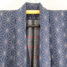 画像をギャラリービューアに読み込む, ウール着物 アンサンブル 着物と羽織2点セット 単衣 紺色ｘ青色ｘ灰色ｘ赤色 麻の葉模様 広衿 カジュアルきもの 普段着物 仕立て上がり 身丈153cm