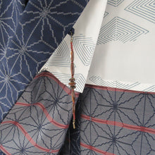 画像をギャラリービューアに読み込む, ウール着物 アンサンブル 着物と羽織2点セット 単衣 紺色ｘ青色ｘ灰色ｘ赤色 麻の葉模様 広衿 カジュアルきもの 普段着物 仕立て上がり 身丈153cm