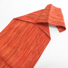 画像をギャラリービューアに読み込む, 名古屋帯 正絹 紬 オレンジ色ｘ黄色 縞模様 全通柄 着物帯 カジュアル 長さ342cm
