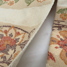 画像をギャラリービューアに読み込む, 名古屋帯 正絹 紬 ベージュ色ｘ緑色ｘ赤色ｘ多色 花模様 六通柄 着物帯 カジュアル 長さ350cm