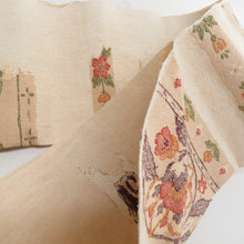 画像をギャラリービューアに読み込む, 名古屋帯 正絹 紬 ベージュ色ｘ緑色ｘ赤色ｘ多色 花模様 六通柄 着物帯 カジュアル 長さ350cm