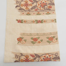 画像をギャラリービューアに読み込む, 名古屋帯 正絹 紬 ベージュ色ｘ緑色ｘ赤色ｘ多色 花模様 六通柄 着物帯 カジュアル 長さ350cm
