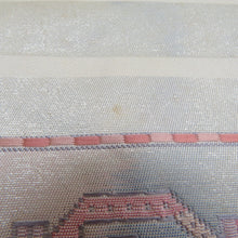 画像をギャラリービューアに読み込む, 名古屋帯 正絹 白色ｘ薄ピンク色 パステル系 お太鼓柄 幾何学模様 着物帯 カジュアル