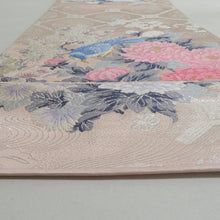 画像をギャラリービューアに読み込む, 袋帯 花鳥紋様 刺繍入り 桜 薄ピンク色ｘ銀色ｘ多色 シルバー系 六通柄 フォーマル向け 仕立て上がり 着物帯 長さ424cm