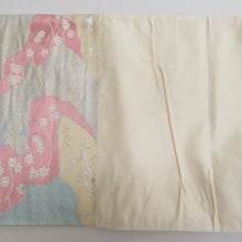 画像をギャラリービューアに読み込む, 袋帯 波に桜と船人模様 六通柄 パステル系 金糸銀糸 薄黄色ｘ白色ｘ薄青色ｘ薄ピンク色 フォーマル向け 仕立て上がり 着物帯 長さ432cm