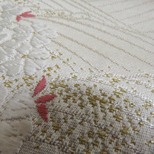 画像をギャラリービューアに読み込む, 袋帯 波に桜と船人模様 六通柄 パステル系 金糸銀糸 薄黄色ｘ白色ｘ薄青色ｘ薄ピンク色 フォーマル向け 仕立て上がり 着物帯 長さ432cm