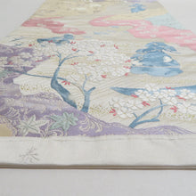 画像をギャラリービューアに読み込む, 袋帯 波に桜と船人模様 六通柄 パステル系 金糸銀糸 薄黄色ｘ白色ｘ薄青色ｘ薄ピンク色 フォーマル向け 仕立て上がり 着物帯 長さ432cm