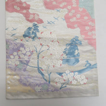 画像をギャラリービューアに読み込む, 袋帯 波に桜と船人模様 六通柄 パステル系 金糸銀糸 薄黄色ｘ白色ｘ薄青色ｘ薄ピンク色 フォーマル向け 仕立て上がり 着物帯 長さ432cm