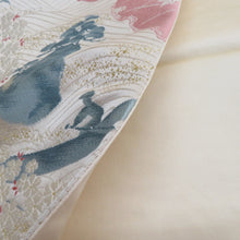 画像をギャラリービューアに読み込む, 袋帯 波に桜と船人模様 六通柄 パステル系 金糸銀糸 薄黄色ｘ白色ｘ薄青色ｘ薄ピンク色 フォーマル向け 仕立て上がり 着物帯 長さ432cm