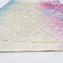 画像をギャラリービューアに読み込む, 名古屋帯 三松 Original Kimonossimo 正絹 銀糸 パステル系 水色ｘピンク色ｘ白色 花に蝶々文様 六通柄 着物帯 カジュアル帯 長さ372cm