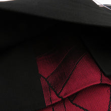 画像をギャラリービューアに読み込む, 名古屋帯 黒色ｘエンジ色 扇子にエ霞文様 絹 仕付け糸付き 六通柄 カジュアル 着物帯 長さ318cm