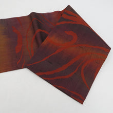 画像をギャラリービューアに読み込む, 名古屋帯 紬 エンジ色ｘ茶色ｘ紫色 流水文様 六通柄 正絹 カジュアル 着物帯 長さ352cm