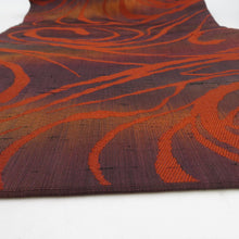 画像をギャラリービューアに読み込む, 名古屋帯 紬 エンジ色ｘ茶色ｘ紫色 流水文様 六通柄 正絹 カジュアル 着物帯 長さ352cm