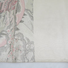 画像をギャラリービューアに読み込む, 袋帯 西陣織 銀糸 銀色ｘピンク色 寺院風景文様 六通柄 未仕立て 正絹 証紙付き カジュアル 着物帯 長さ424cm