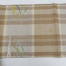 画像をギャラリービューアに読み込む, 袋帯 洒落袋帯 すくい織り 芝に霞文様 ベージュ色ｘ茶色ｘ緑色ｘ多色 お太鼓柄 正絹 金糸銀糸 カジュアル 着物帯 長さ452cm