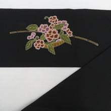 画像をギャラリービューアに読み込む, 名古屋帯 塩瀬 黒色ｘ多色 花売り童子文様 お太鼓柄 正絹 カジュアル 着物帯 長さ367cm