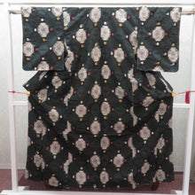 画像をギャラリービューアに読み込む, アンティーク 銘仙 昔着物 深緑地 白×黄×赤 袷 バチ衿 正絹 仕付け糸付き 昔きもの レトロモダン 明治・大正ロマン 身丈153.6cm