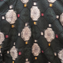 画像をギャラリービューアに読み込む, アンティーク 銘仙 昔着物 深緑地 白×黄×赤 袷 バチ衿 正絹 仕付け糸付き 昔きもの レトロモダン 明治・大正ロマン 身丈153.6cm