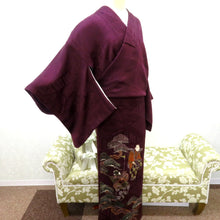 画像をギャラリービューアに読み込む, 色留袖 昔 アンティーク 昔着物 紫×多色 歌舞伎 素襖落 すおうおとし 紋入り 広衿 正絹 地模様 昔きもの レトロ 明治・大正ロマン 身丈156.6cm