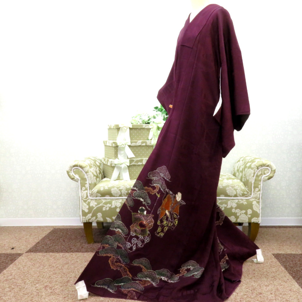 色留袖 昔 アンティーク 昔着物 紫×多色 歌舞伎 素襖落 すおうおとし 紋入り 広衿 正絹 地模様 昔きもの レトロ 明治・大正ロマン  身丈156.6cm【中古】 色留袖 昔 アンティーク 昔着物 紫×多色 歌舞伎 素襖落 すおうおとし