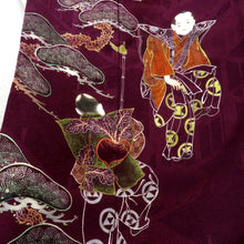 画像をギャラリービューアに読み込む, 色留袖 昔 アンティーク 昔着物 紫×多色 歌舞伎 素襖落 すおうおとし 紋入り 広衿 正絹 地模様 昔きもの レトロ 明治・大正ロマン 身丈156.6cm