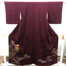 画像をギャラリービューアに読み込む, 色留袖 昔 アンティーク 昔着物 紫×多色 歌舞伎 素襖落 すおうおとし 紋入り 広衿 正絹 地模様 昔きもの レトロ 明治・大正ロマン 身丈156.6cm