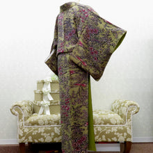 画像をギャラリービューアに読み込む, 小紋 昔 アンティーク 昔着物 緑×多色 花鳥 風景 バチ衿 正絹 昔きもの レトロ 明治・大正ロマン カジュアル サイズ小さめ 身丈153.1cm