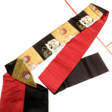 画像をギャラリービューアに読み込む, 名古屋帯 アンティーク帯 昔名古屋帯 黒×赤×金 狆（チン）と手毬 ブロックチェック 関特製 レトロ 大正ロマン 市松 長さ356cm