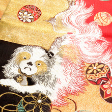 画像をギャラリービューアに読み込む, 名古屋帯 アンティーク帯 昔名古屋帯 黒×赤×金 狆（チン）と手毬 ブロックチェック 関特製 レトロ 大正ロマン 市松 長さ356cm