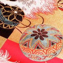 画像をギャラリービューアに読み込む, 名古屋帯 アンティーク帯 昔名古屋帯 黒×赤×金 狆（チン）と手毬 ブロックチェック 関特製 レトロ 大正ロマン 市松 長さ356cm