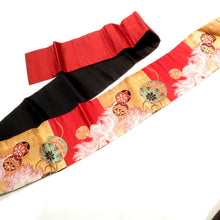 画像をギャラリービューアに読み込む, 名古屋帯 アンティーク帯 昔名古屋帯 黒×赤×金 狆（チン）と手毬 ブロックチェック 関特製 レトロ 大正ロマン 市松 長さ356cm