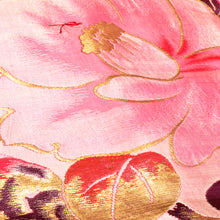 画像をギャラリービューアに読み込む, 名古屋帯 昔 アンティーク帯 ピンク×金赤紫 椿 昔名古屋帯 レトロ 明治・大正ロマン 正絹 カジュアル 長さ338.5cm
